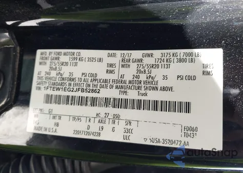 2018 Ford F-150 Lariat z USA, uszkodzony, nr VIN 1FTEW1EG2JFB52862